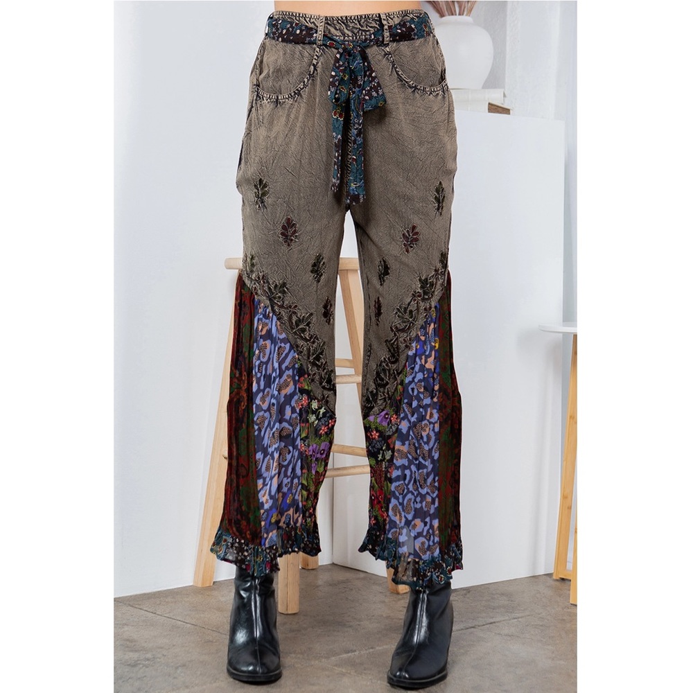 Boho Patchwork Wide-Leg Pants in Olive with Blue Accents